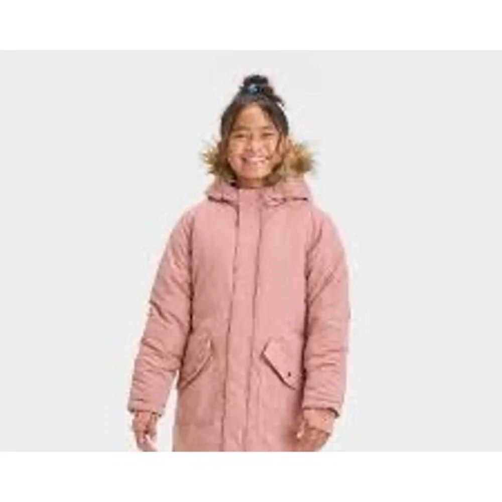Cat & Jack Girls Pink Parka Jacket Faux Fur Hood Sherpa Lined Winter Coat Size 8